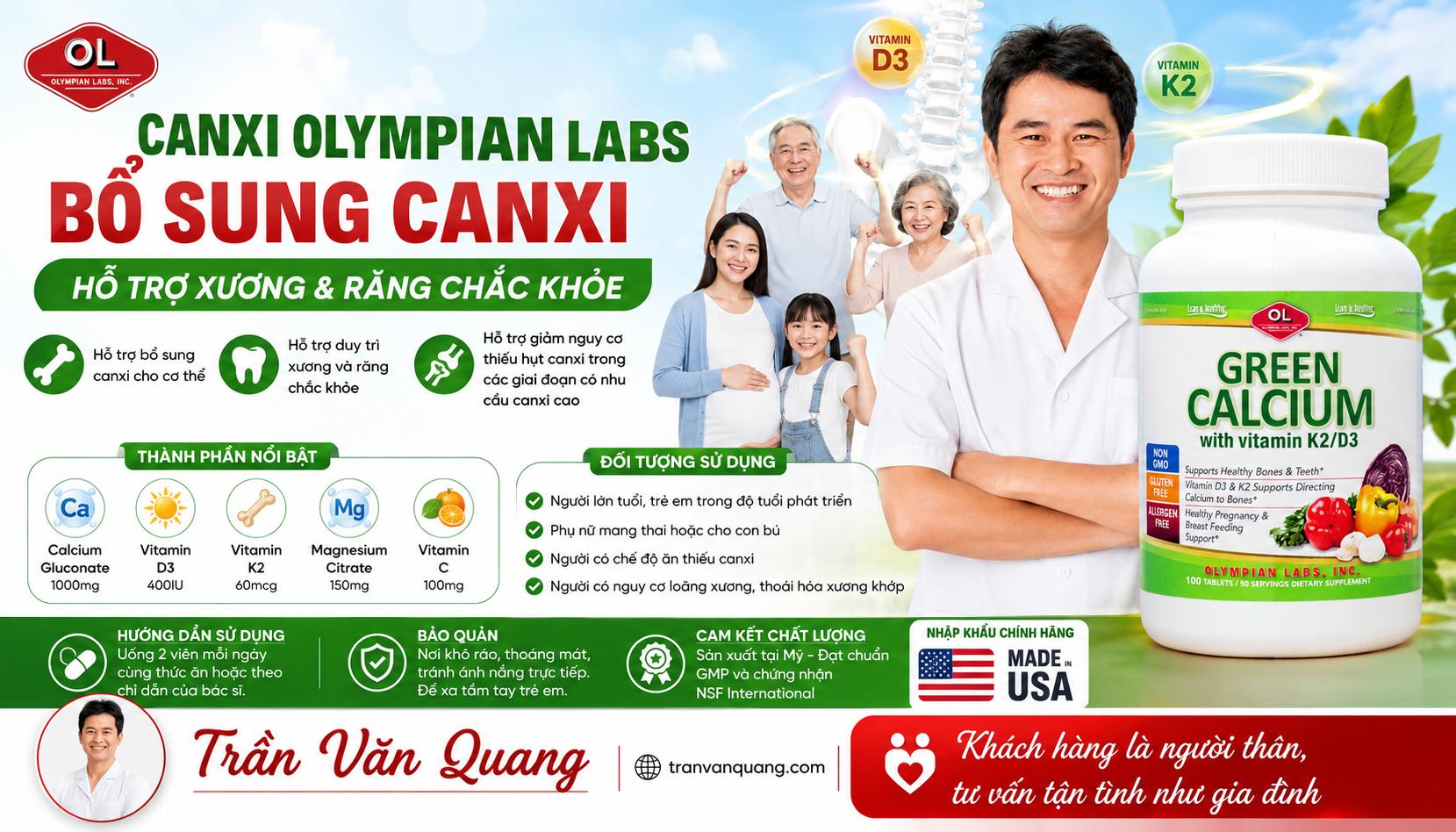Viên uống Canxi Olympian Labs hỗ trợ bổ sung canxi cho xương và răng chắc khỏe.